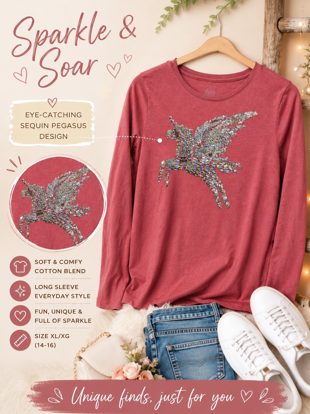 Rose Long Sleeve Tee Iridescent Sequin Pegasus Size XL